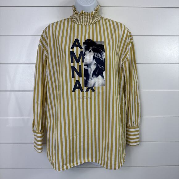 Armani Exchange Striped Graphic Print Long Sleeve Blouse Shirt Yellow White XS - Picture 1 of 8